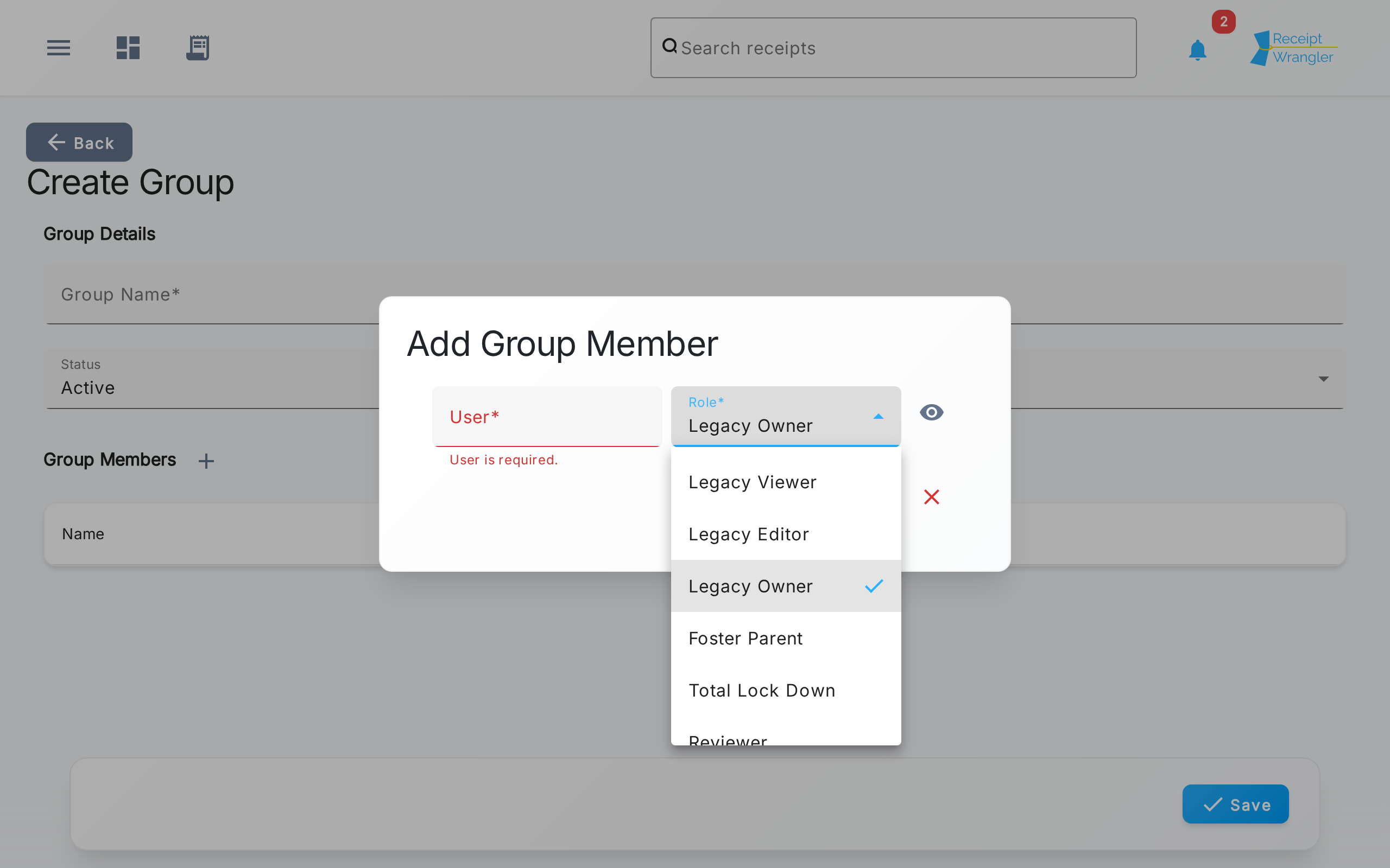 the group member form with the Role selector