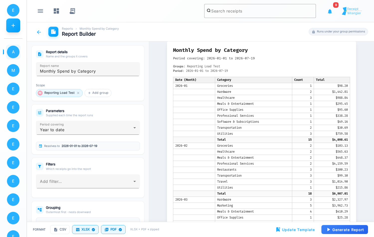 the Report Builder with the configuration panel and live preview