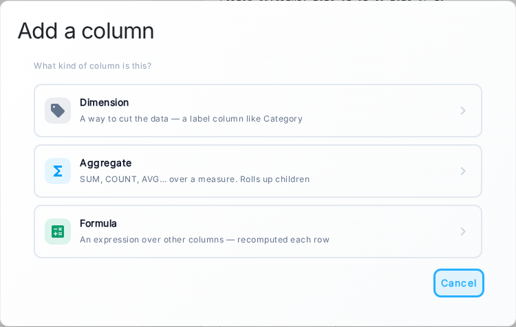 the column picker for choosing a dimension, aggregate, or formula column