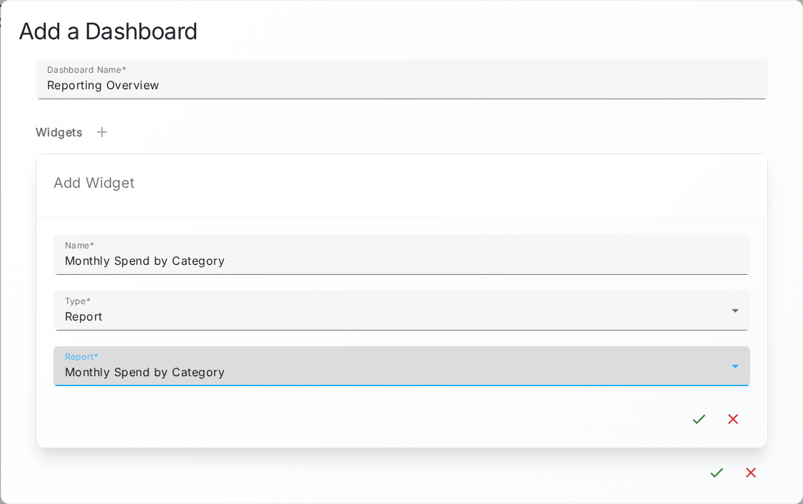the dashboard form with the Report widget type and its template picker