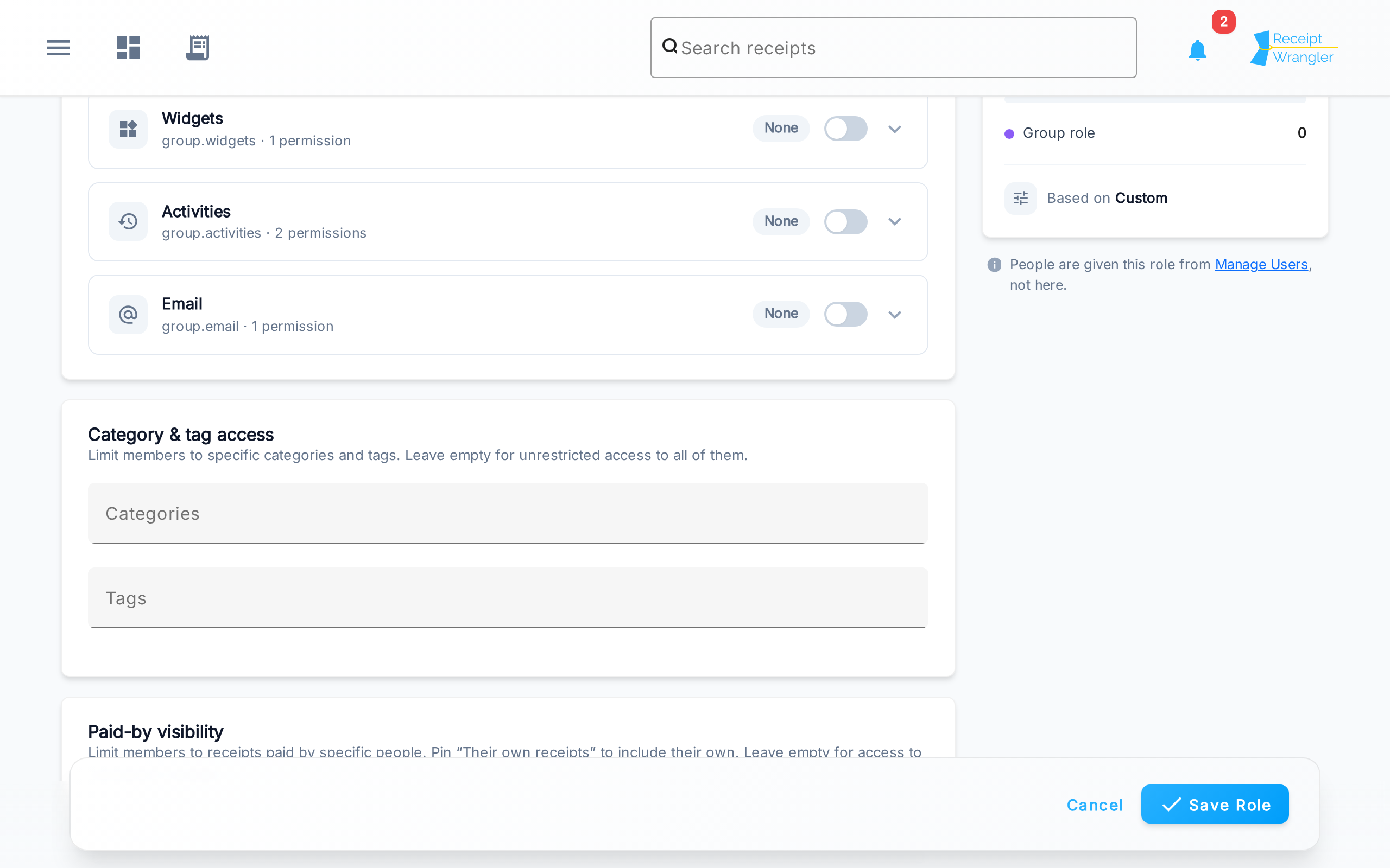 category, tag, and paid-by access for a group role
